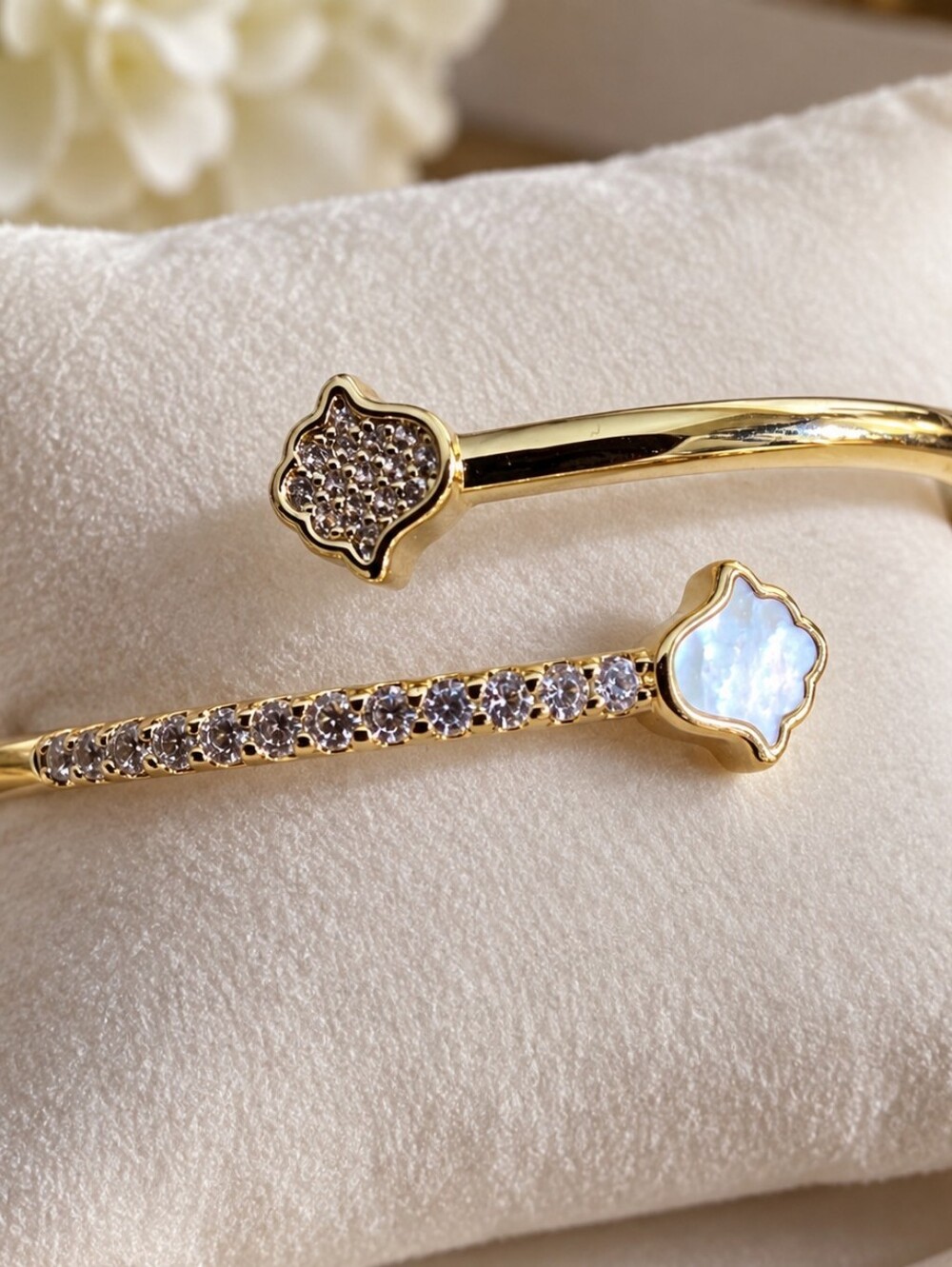 Gold-Tone Clover Cuff Bracelet with White Mother-of-Pearl and Crystal Accents